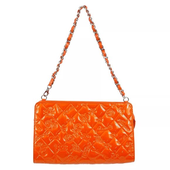 Chanel Orange Patent Leather Icon Chain Handbag - Picture 1 of 15